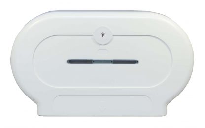 Twin Mini Jumbo Toilet Roll Dispenser in White Plastic